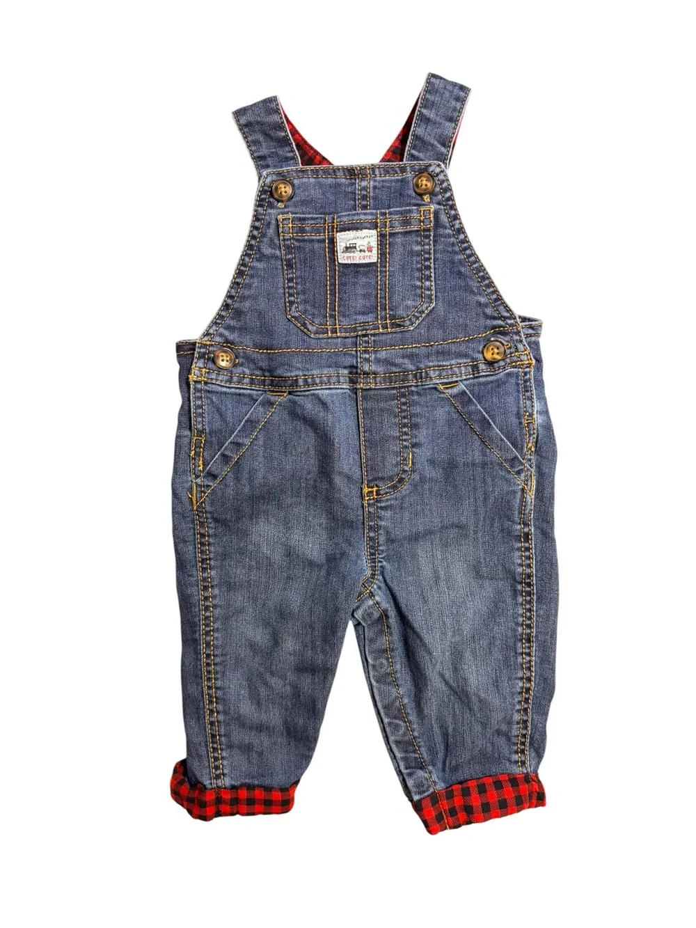 Carter's Denim Overalls with Red Plaid Cuff Detail 6M  10 0592